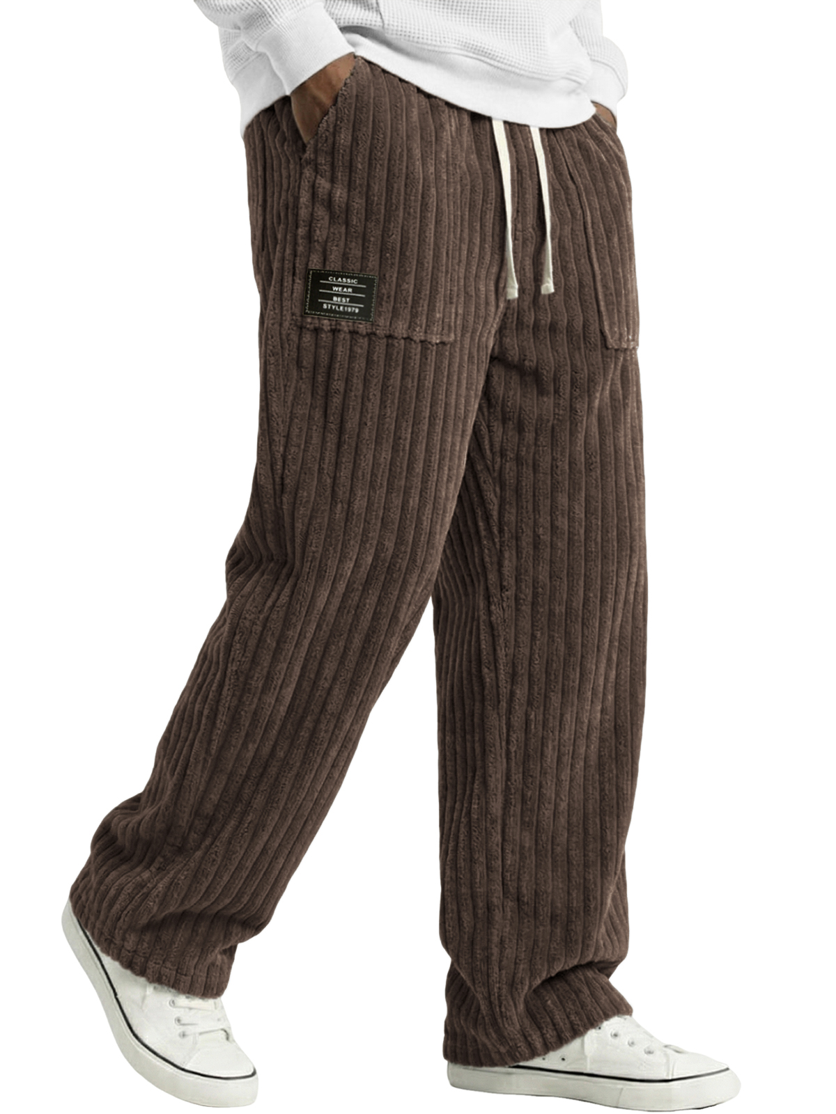 Men's Stylish Corduroy Pants with Embroidered Labels and Patch Pockets