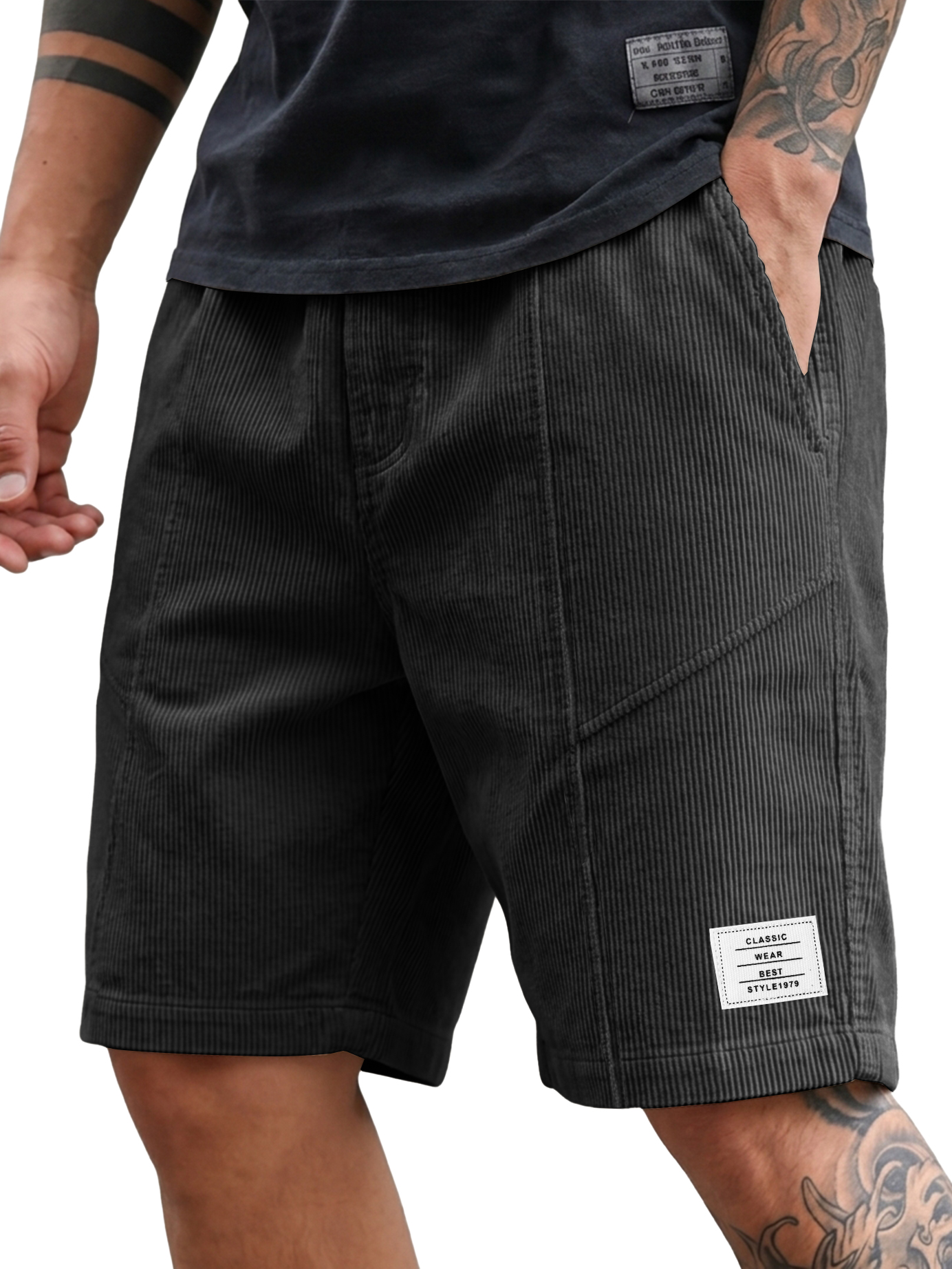 Men's Fashion Deconstructed Corduroy Embroidered Logo Shorts