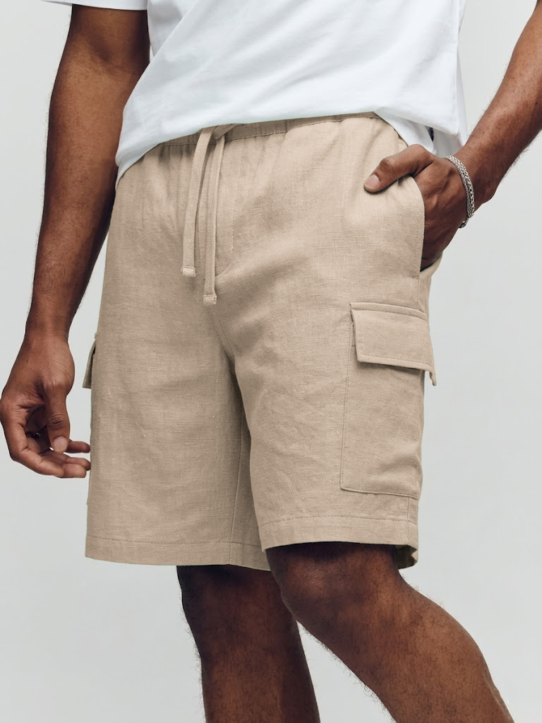 Men's Vacation Style Faux Linen Multi-pocket Drawstring Shorts