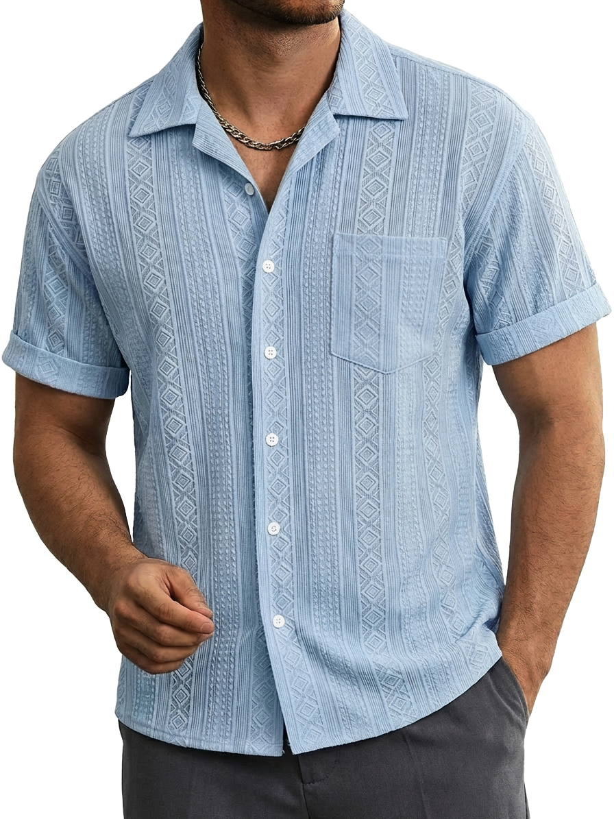 Men's Casual Striped Jacquard Short-Sleeve Shirt