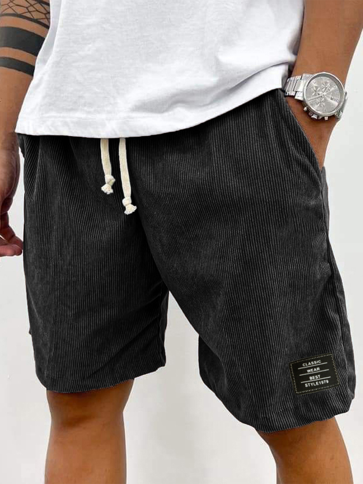 Men's Stylish Corduroy Simple Embroidered Label Holiday Casual Shorts