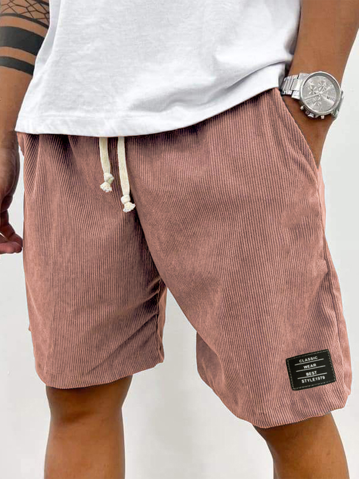 Men's Stylish Corduroy Simple Embroidered Label Holiday Casual Shorts