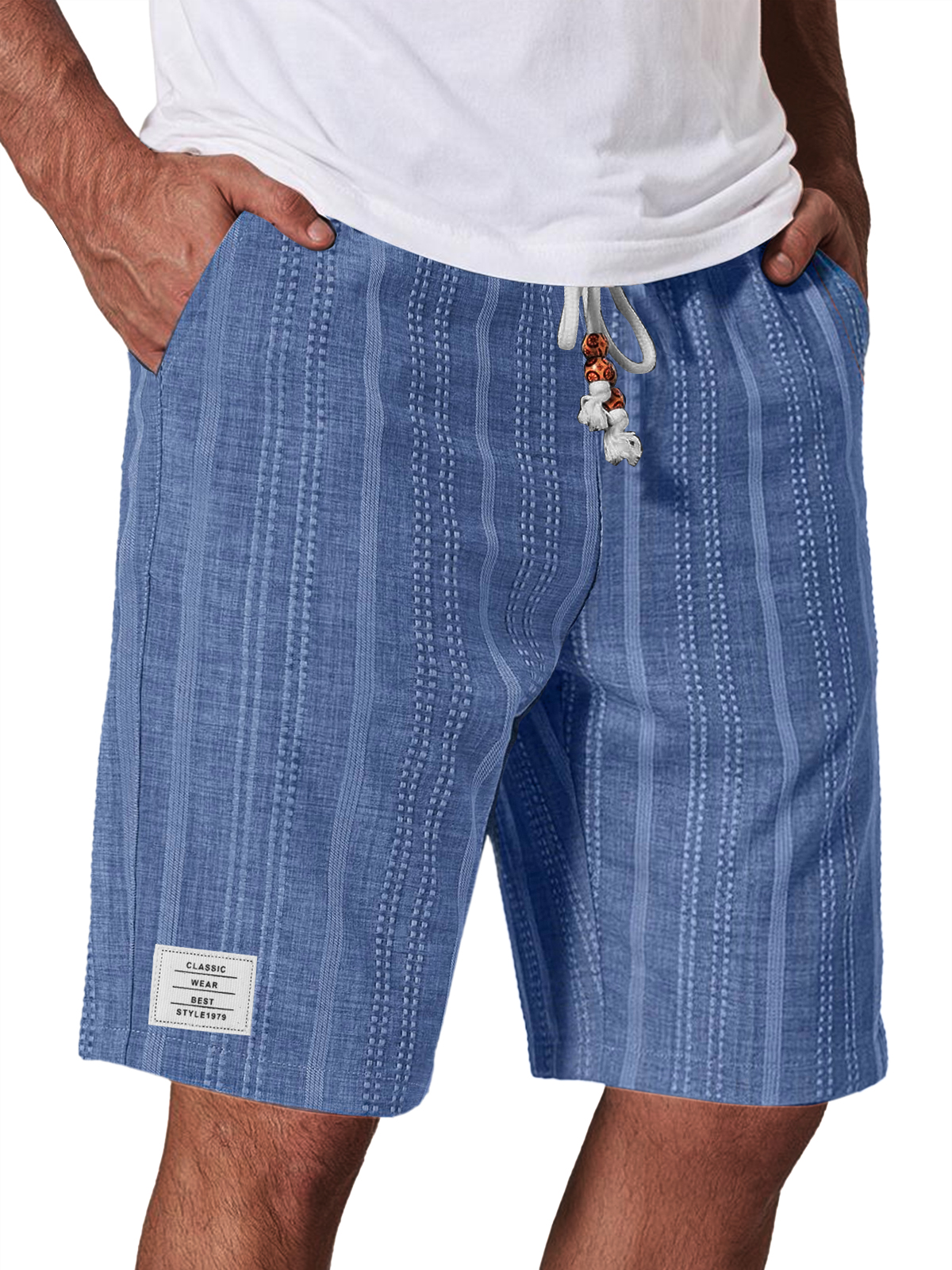Men's Casual Linen Jacquard Striped Textured Elastic Waist Shorts