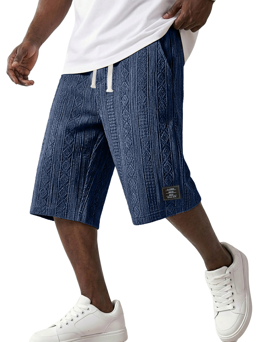 Men's Striped Jacquard Casual Embroidered Logo Elastic Waist Solid Color Shorts
