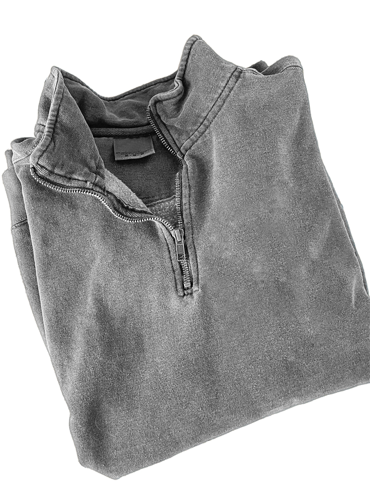 Men's Quarter Zip Distressed Washed Cotton Zipper Long Sleeve Sweatshirt
