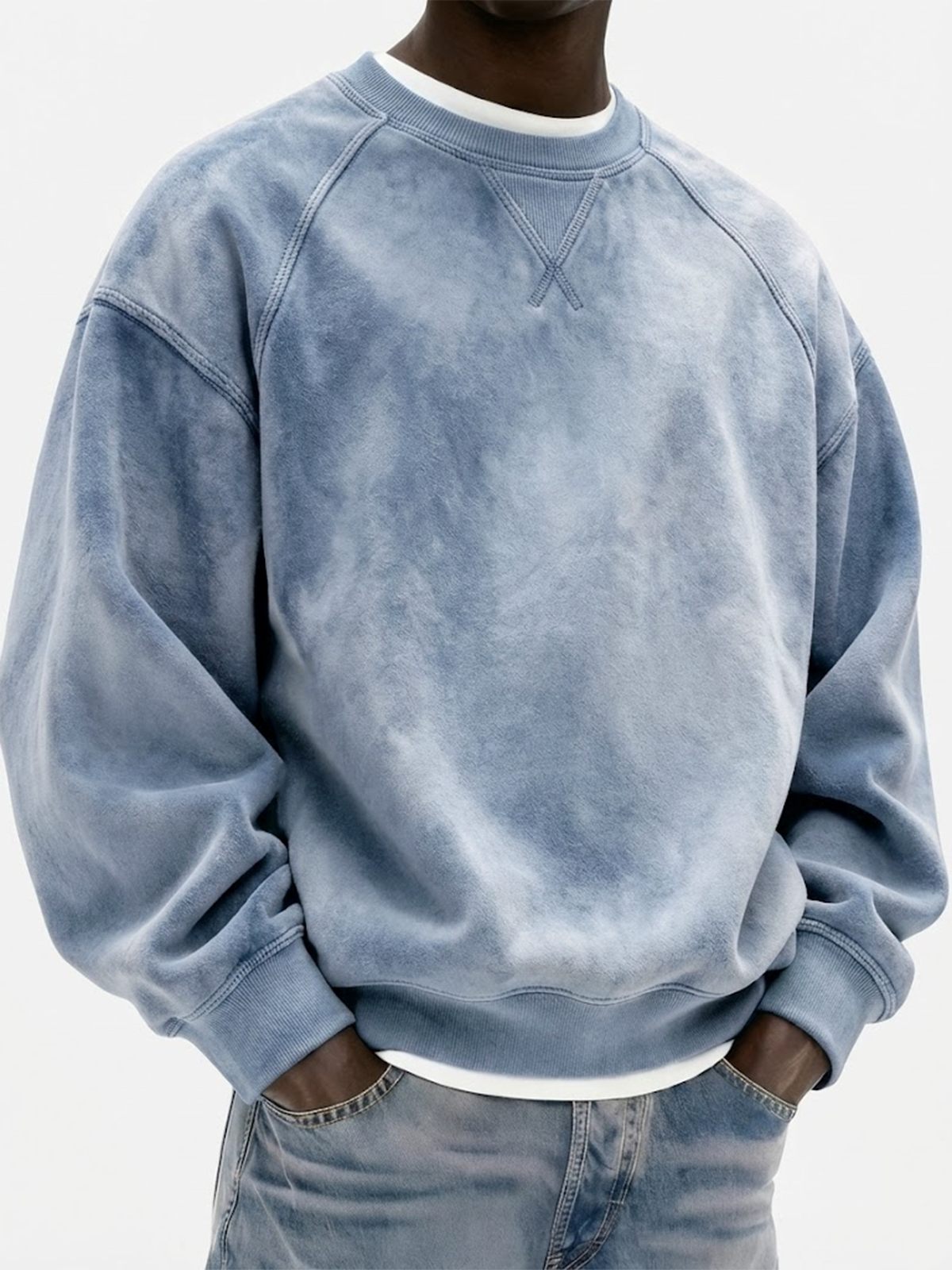 Men's Vintage Suede Heavyweight Raglan Patchwork Pullover Sweatshirt