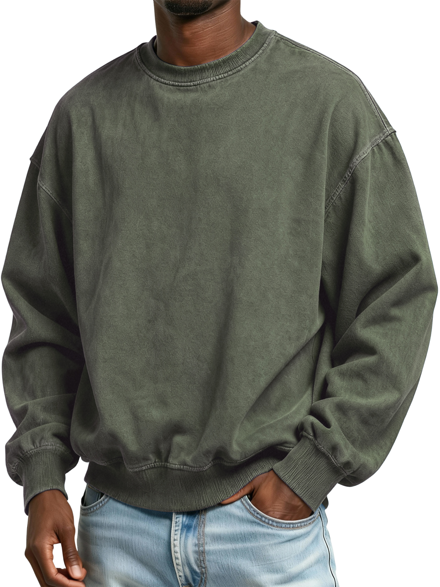 Men's Vintage Washed Distressed Batik Cotton Crew Neck Long Sleeve Sweatshirt