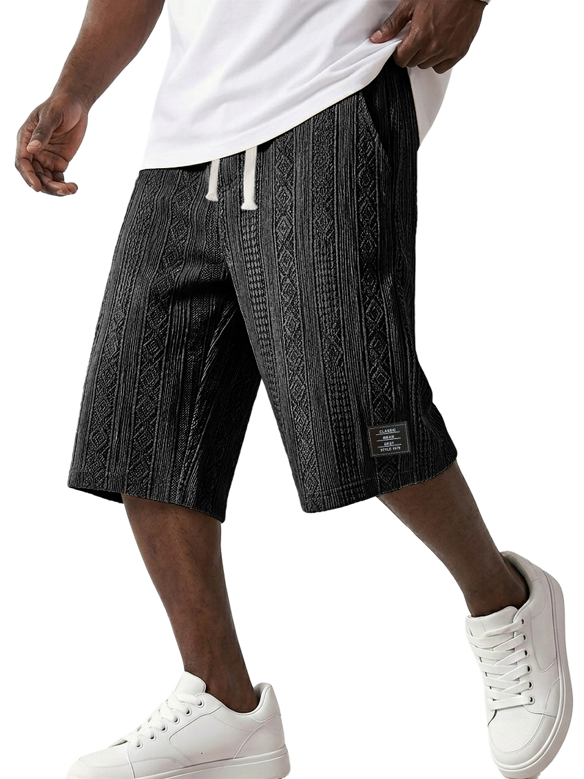 Men's Striped Jacquard Casual Embroidered Logo Elastic Waist Solid Color Shorts