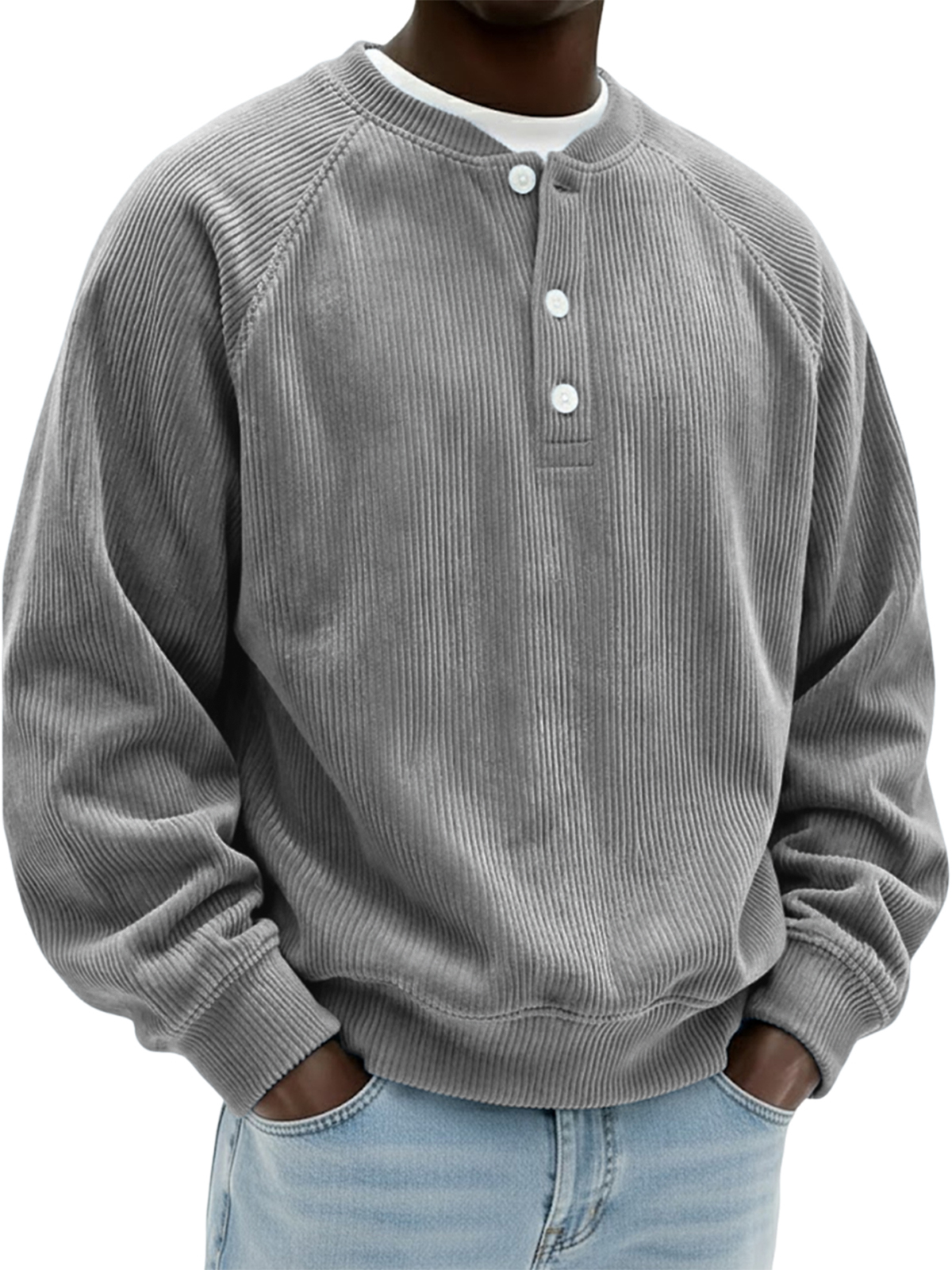 Men's Simple Vintage Ribbed Henley Raglan Pullover Top