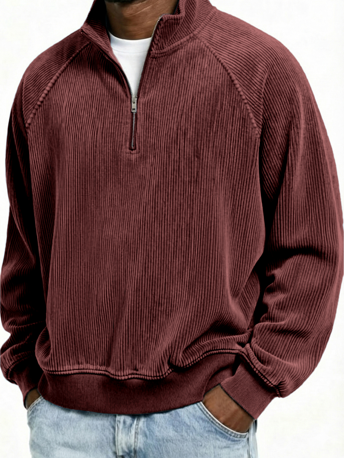 Mokaloha-Men's Simple Ribbed Quarter-Zip Raglan Sleeve Pullover Polo Shirt