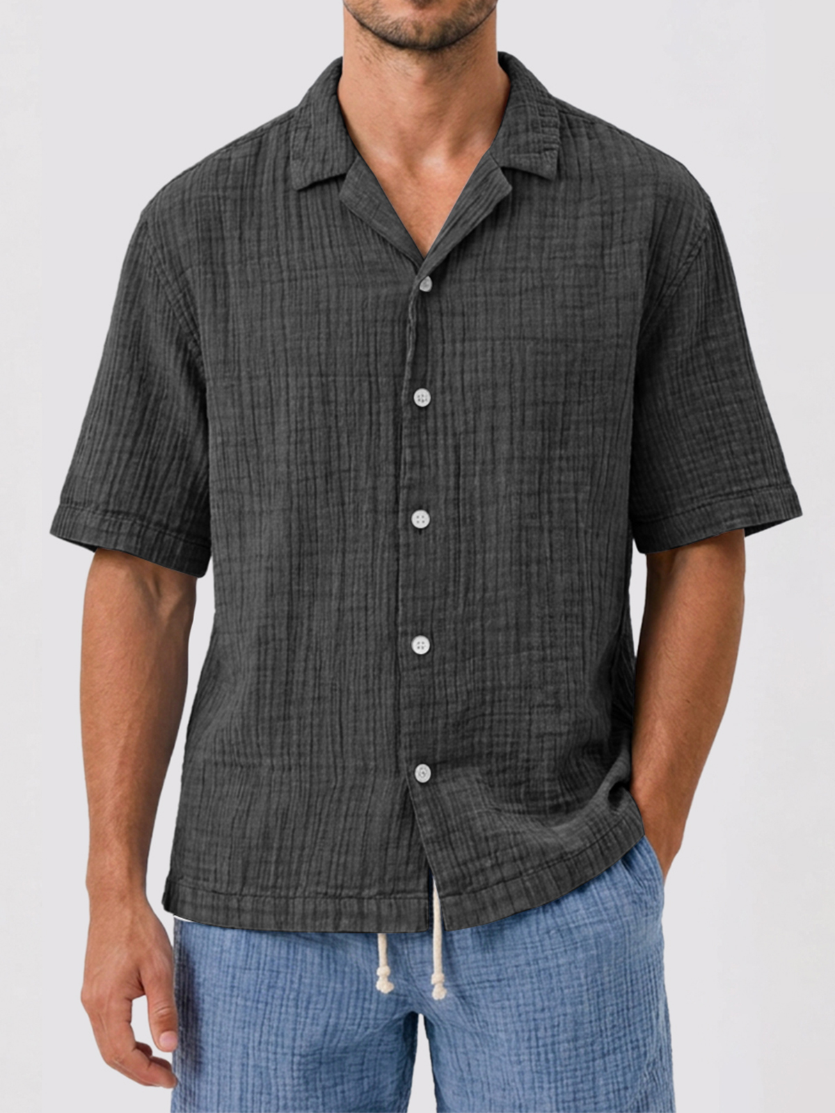 Men's Casual Loose Comfortable Textured Cuban Collar Short Sleeve Shirt