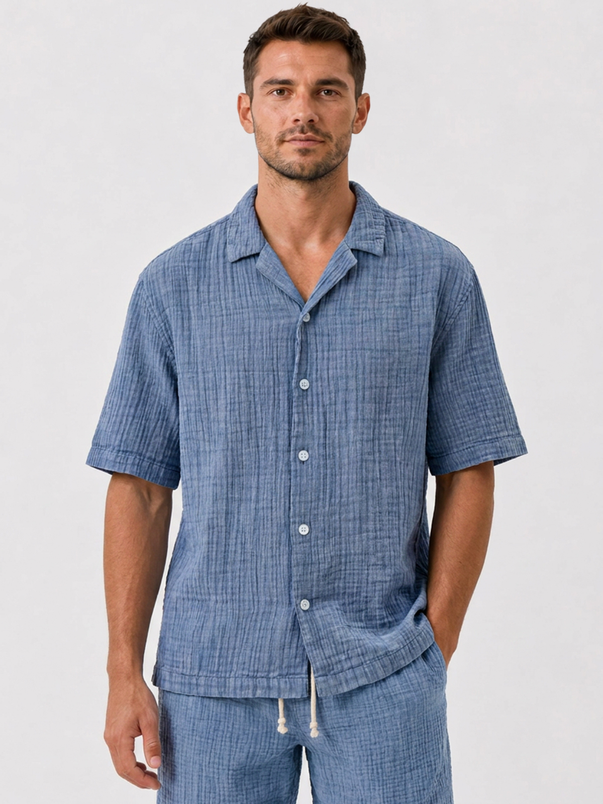 Men's Casual Loose Comfortable Textured Cuban Collar Short Sleeve Shirt