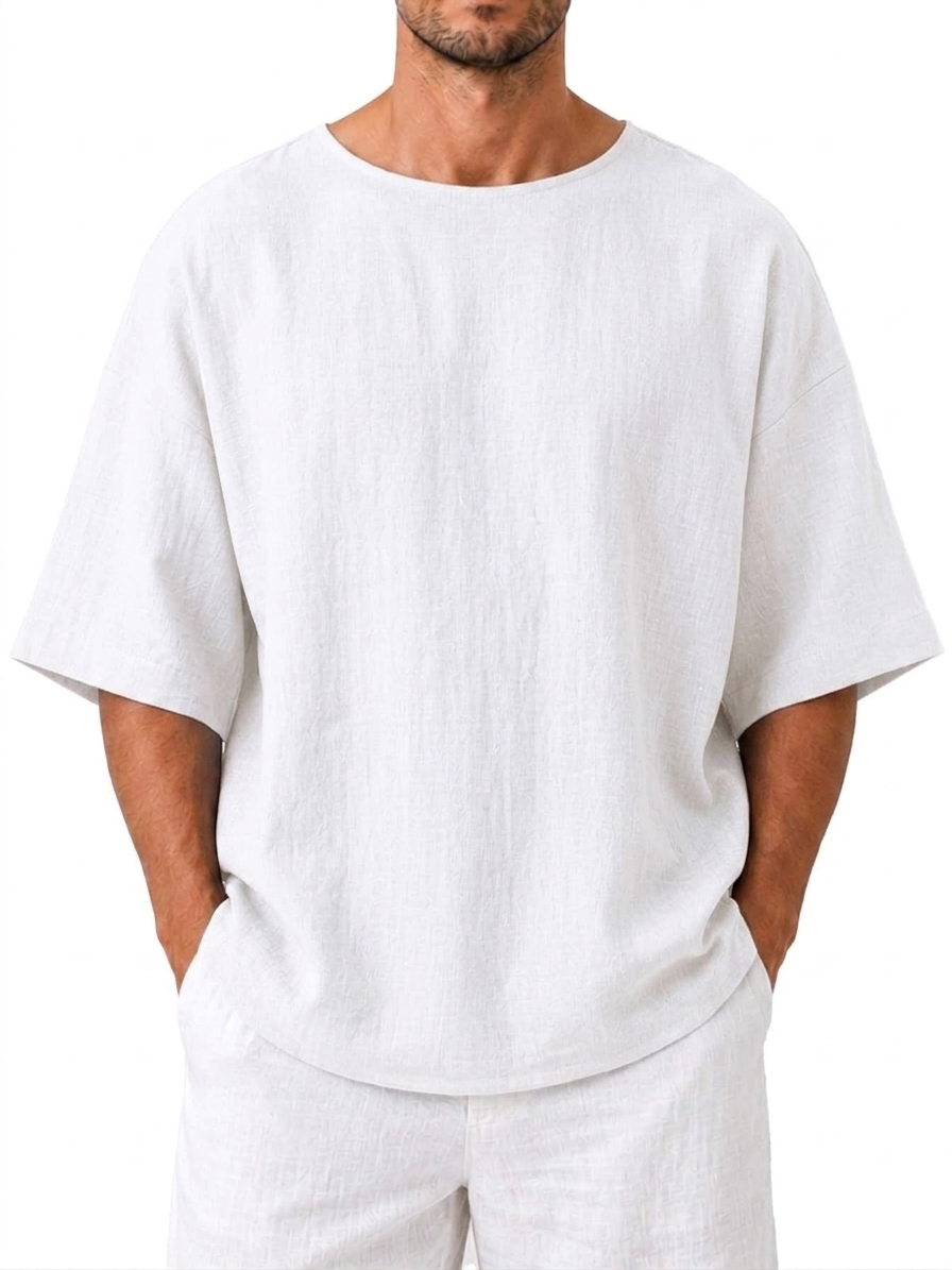 Cotton Linen Round Neck Loose Fit Casual Short Sleeve Top