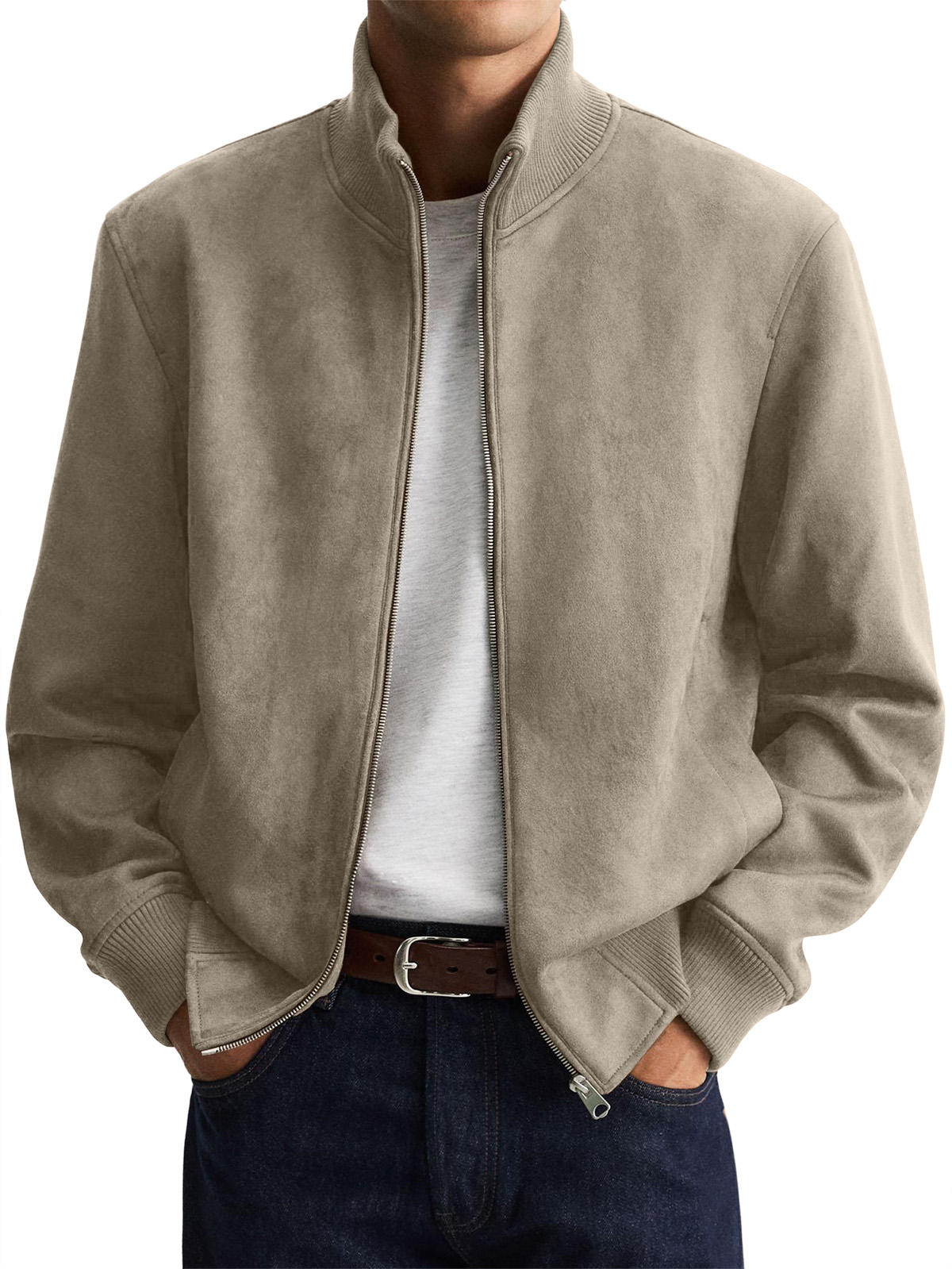 Men's Suede Stand Collar Zip-Up Jacket