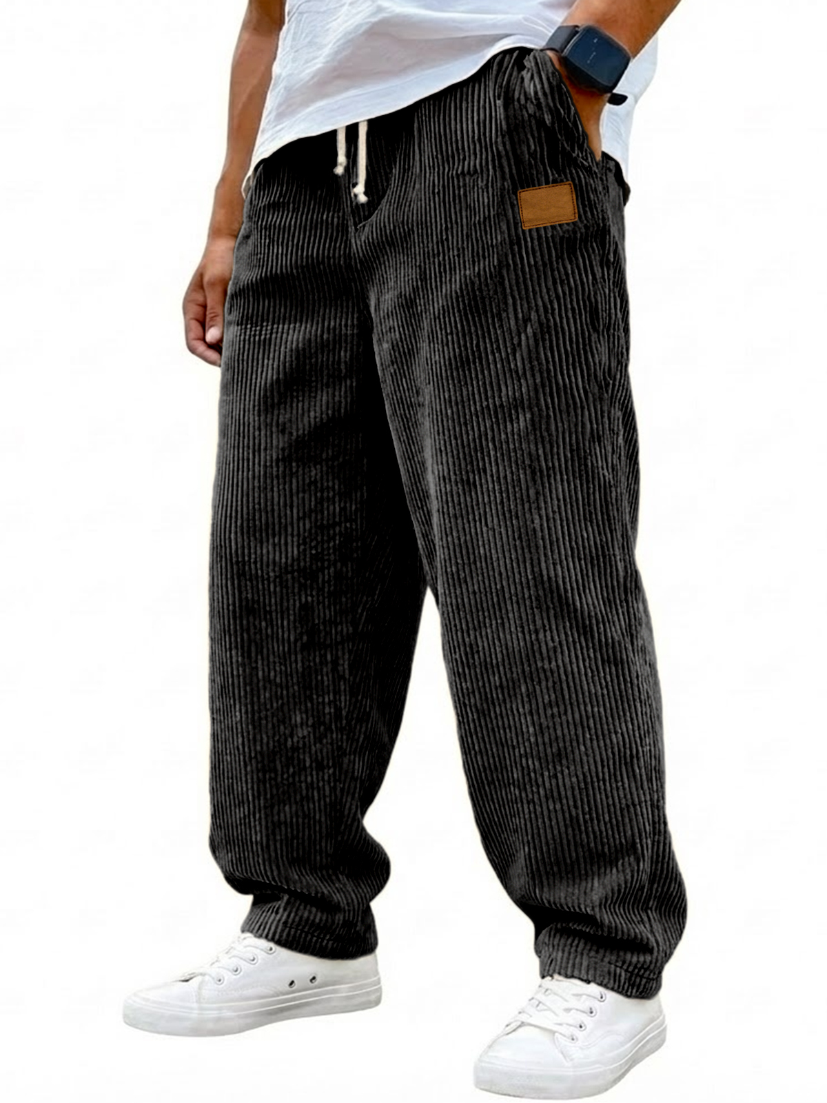 Men's Vintage Corduroy Texture Casual Drawstring Embroidered Label Trousers