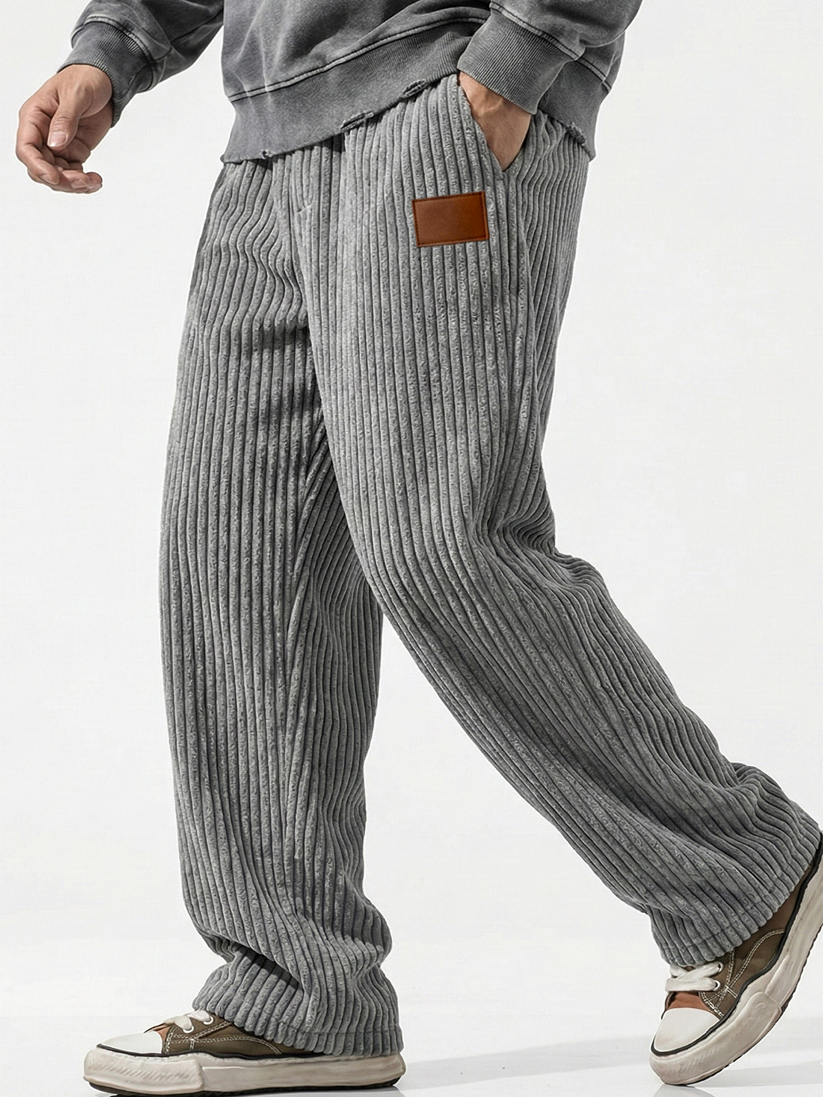 Vertical Striped Corduroy Pants with Embroidery
