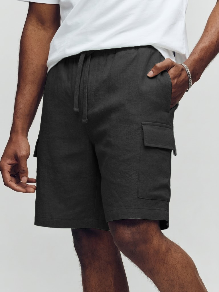 Men's Vacation Style Faux Linen Multi-pocket Drawstring Shorts