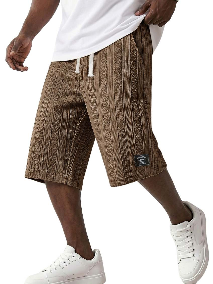 Men's Striped Jacquard Casual Embroidered Logo Elastic Waist Solid Color Shorts