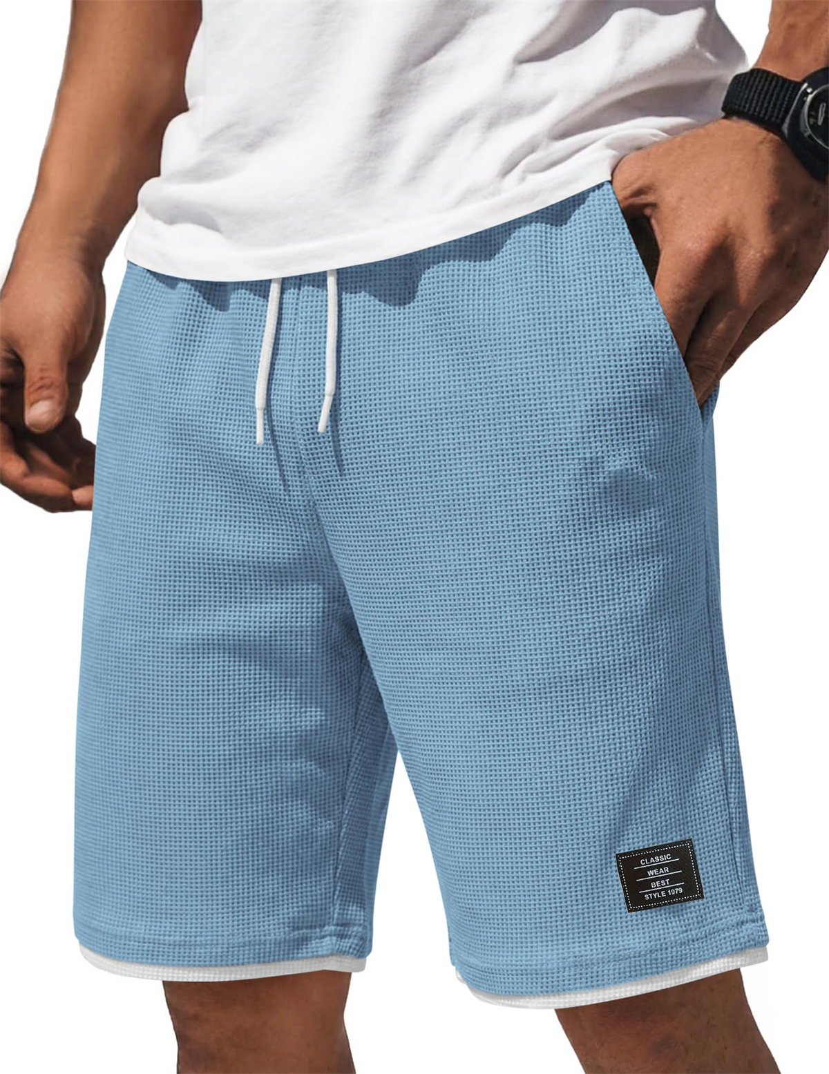 Men's Waffle-Knit Casual Shorts with Contrast Embroidery Logo