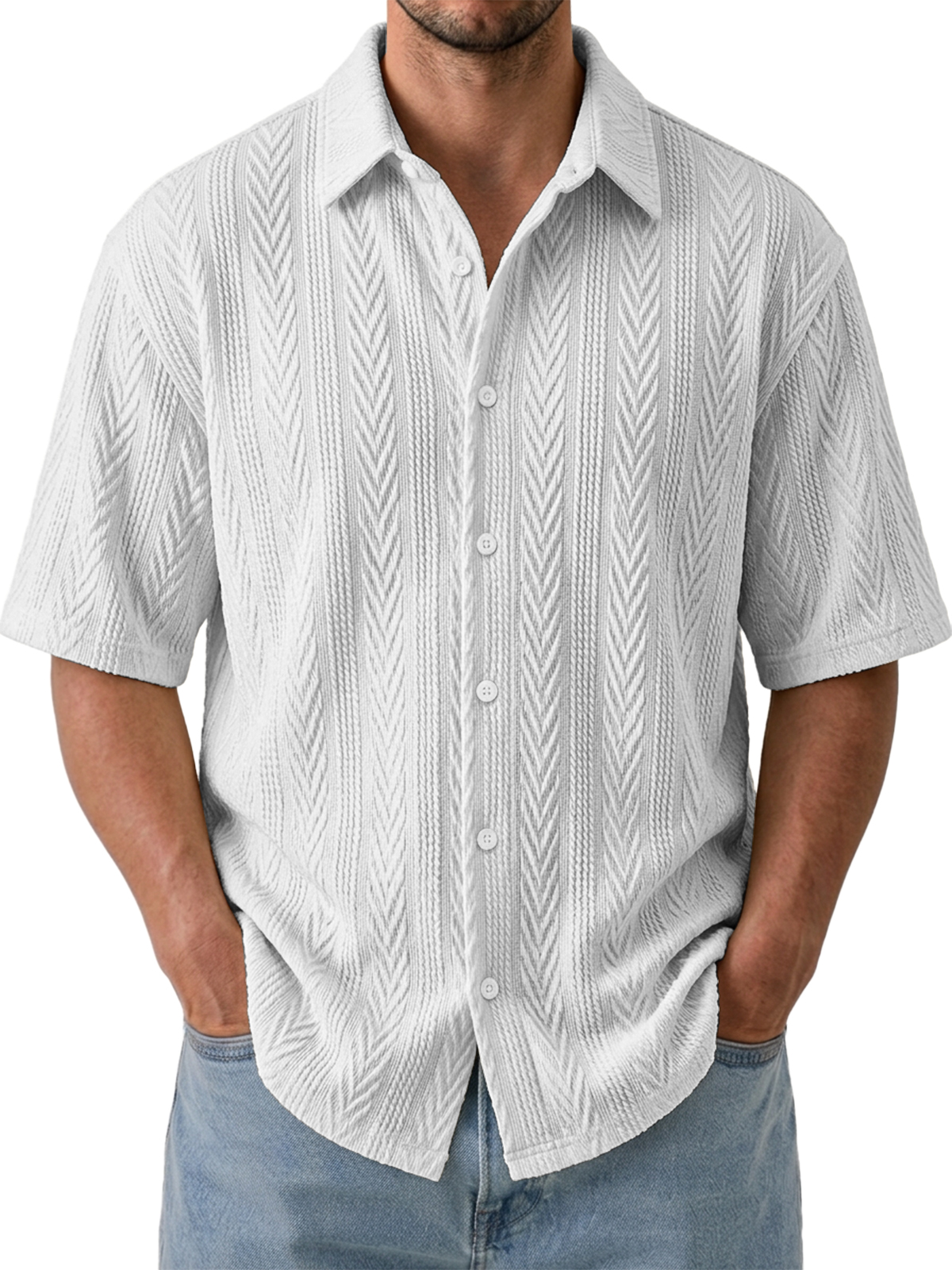 Men's Comfortable Casual Jacquard Wheat Ear Stripe Breathable Collared Short-Sleeve Shirt