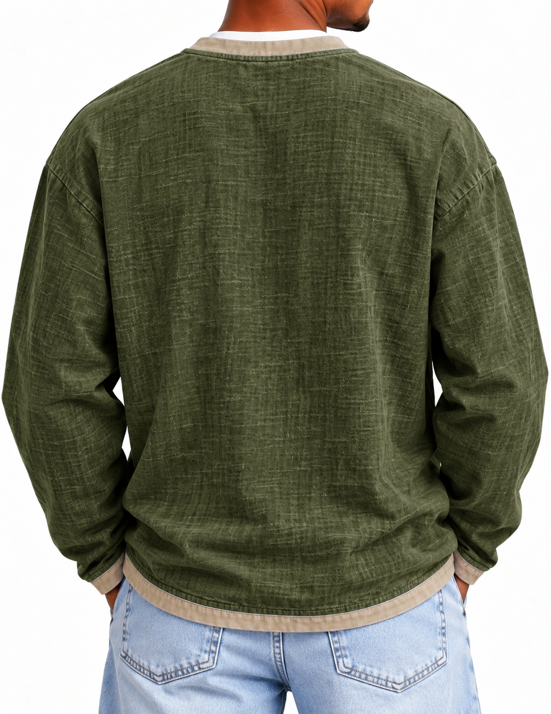 Men's Fashionable Patchwork Linen Fabric Long-sleeved Henley Shirt