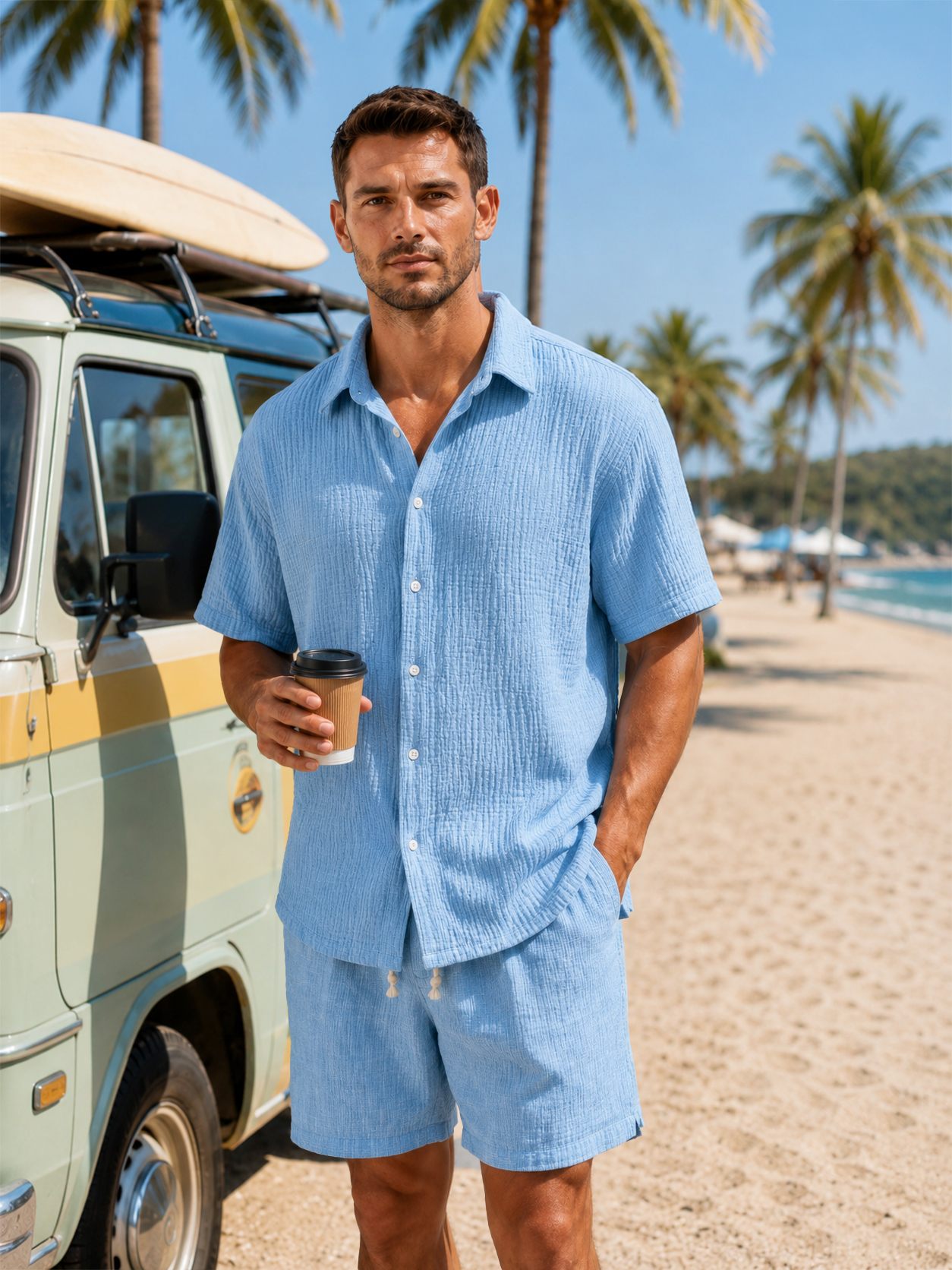 Men's Casual Loose Textured 100% Cotton Short Sleeve Shirt
