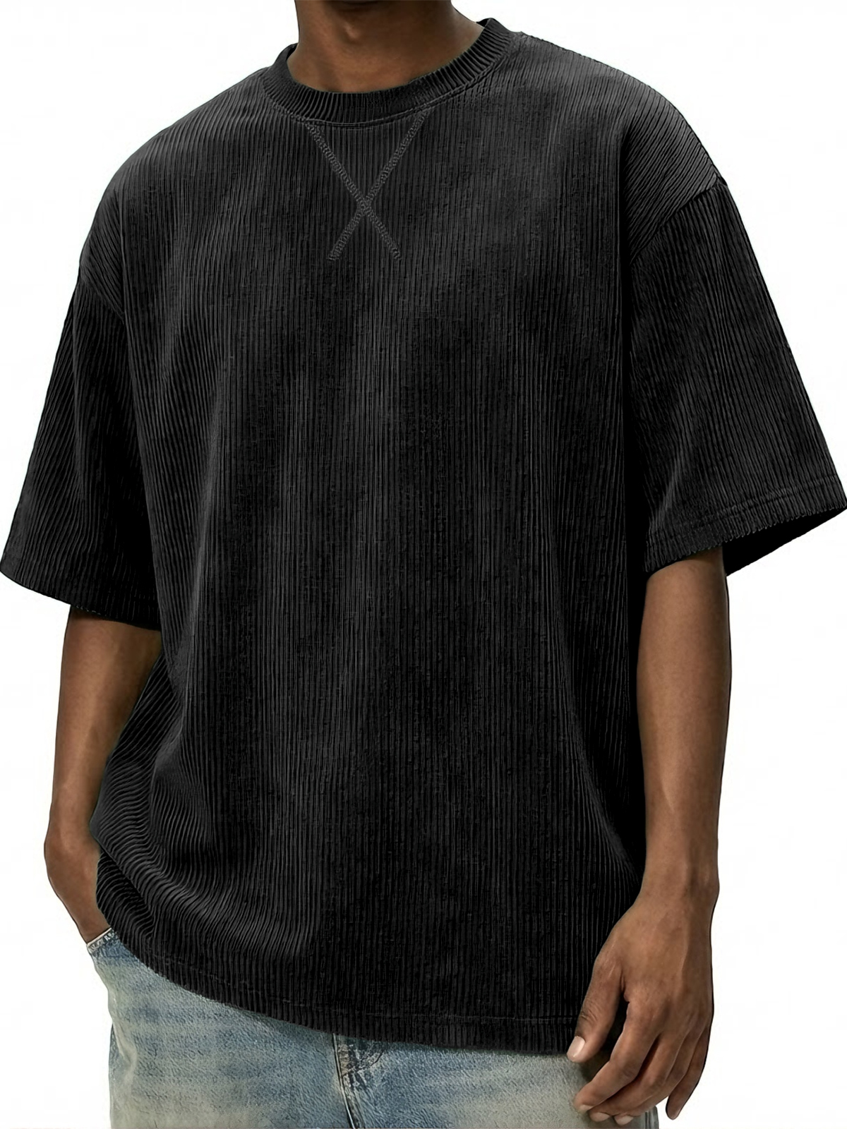 Men's Vintage Stylish Corduroy Patchwork Basic Pullover T-shirt