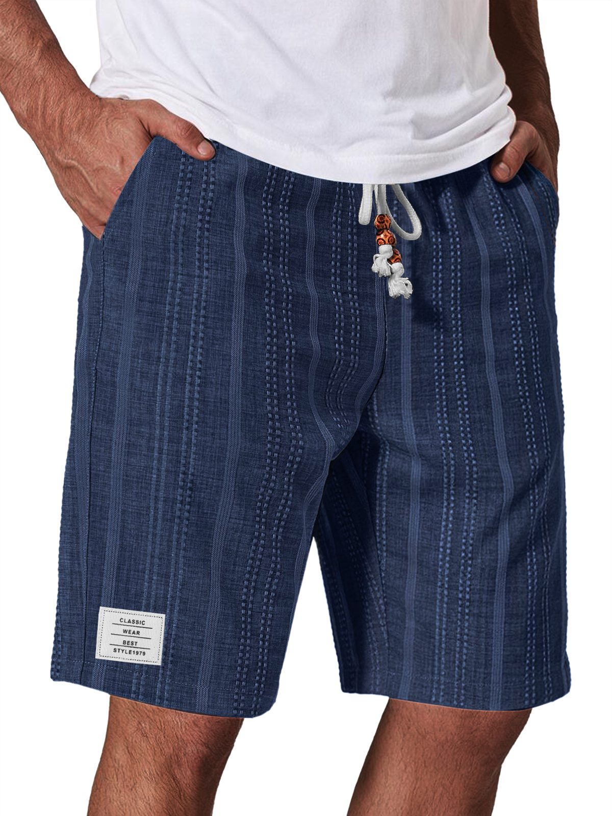 Men's Casual Linen Jacquard Striped Textured Elastic Waist Shorts