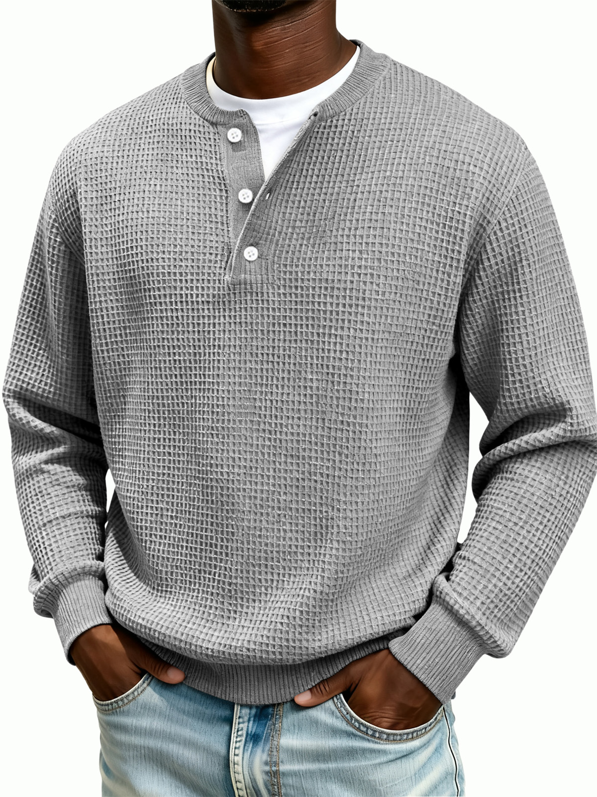 Men's Waffle Knit Henley Collar Long-Sleeve Sweatshirt