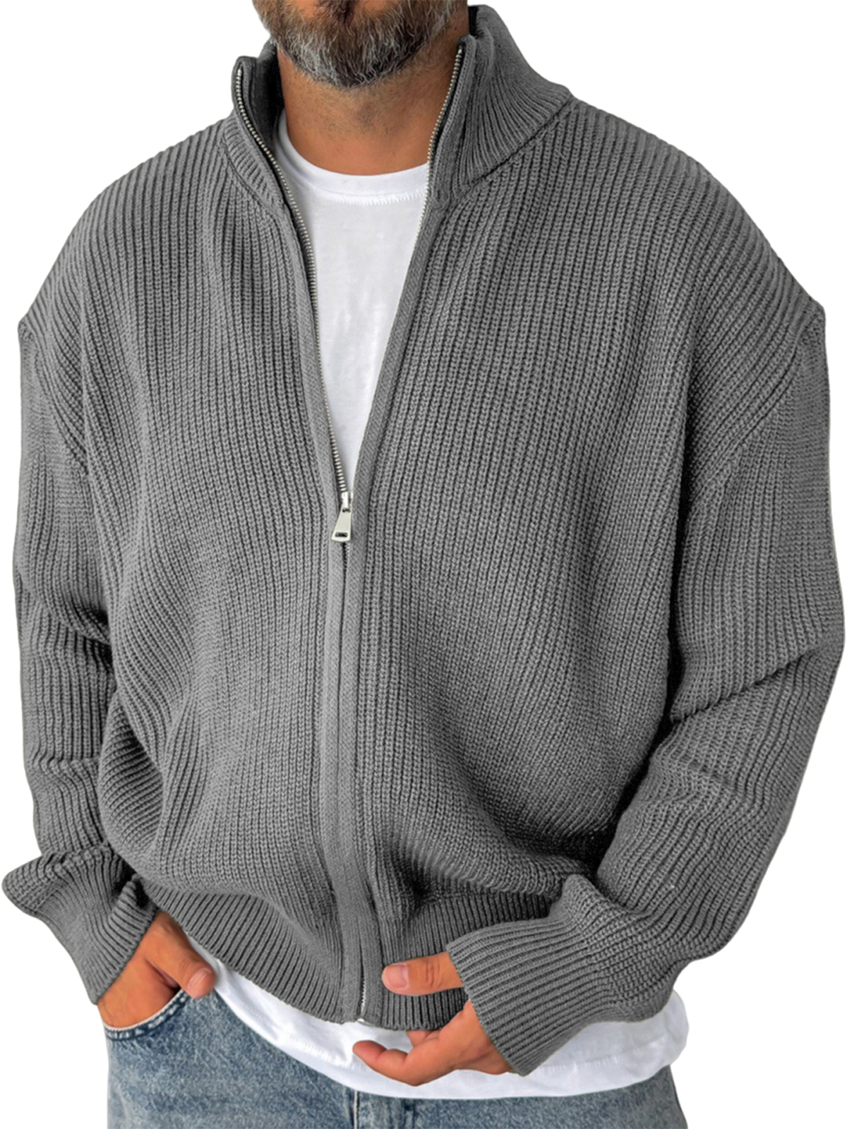 Men's Simple Zipper Warm Sweater Textured Cardigan Jacket