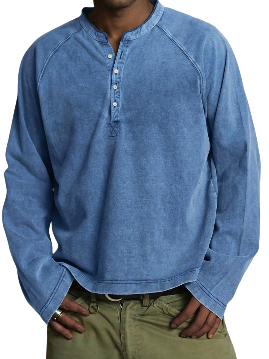 Men's Vintage Washed Cotton Henley Long-Sleeve T-Shirt
