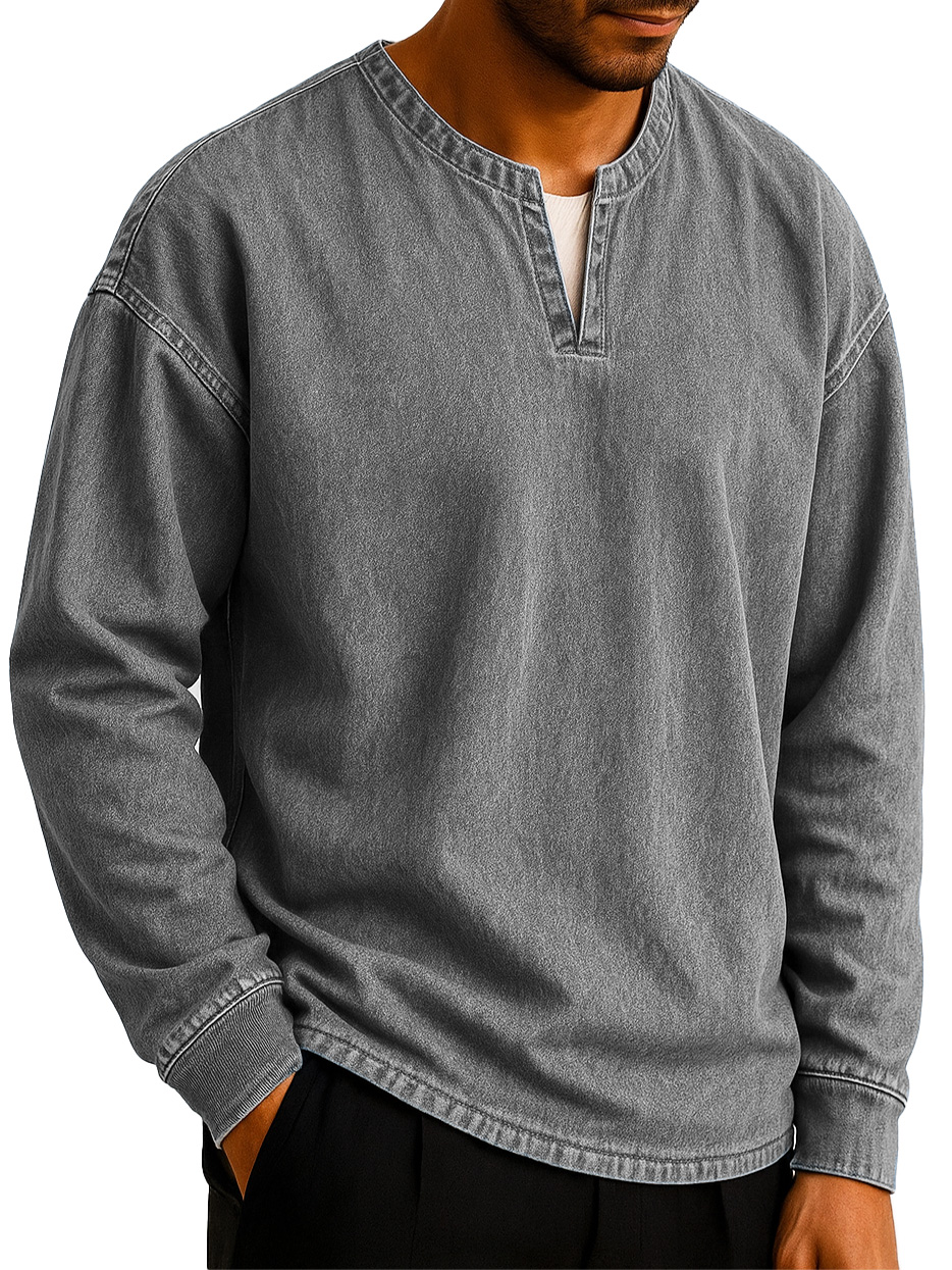  Men's Stylish Casual Outdoor V-neck Distressed Loose-fitting Long-sleeved T-shirt 