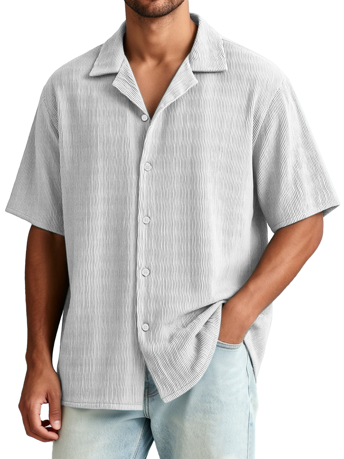 Men's Casual Vacation Breathable And Comfortable Vertical Striped Short-sleeved Shirt