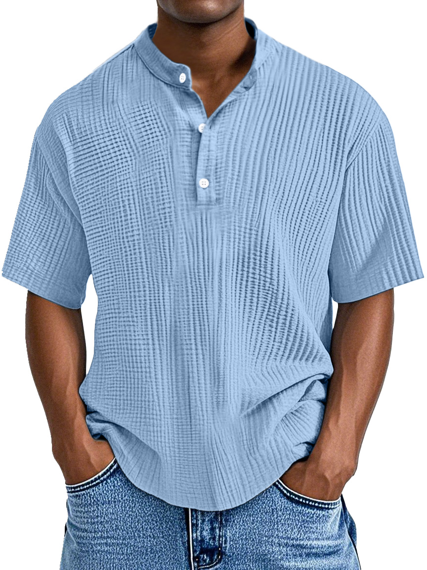 Men's Casual Solid Color Pleated Textured Short-sleeved Henley Shirt
