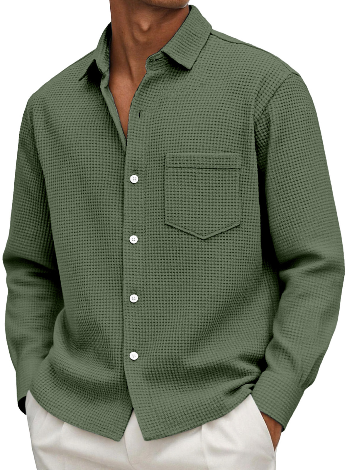 Men's Casual Solid Color Waffle Long Sleeve Shirt With Pockets