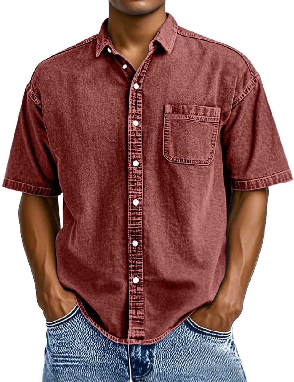Men's Retro Solid Color Simple Lapel Button-down Short-sleeved Shirt