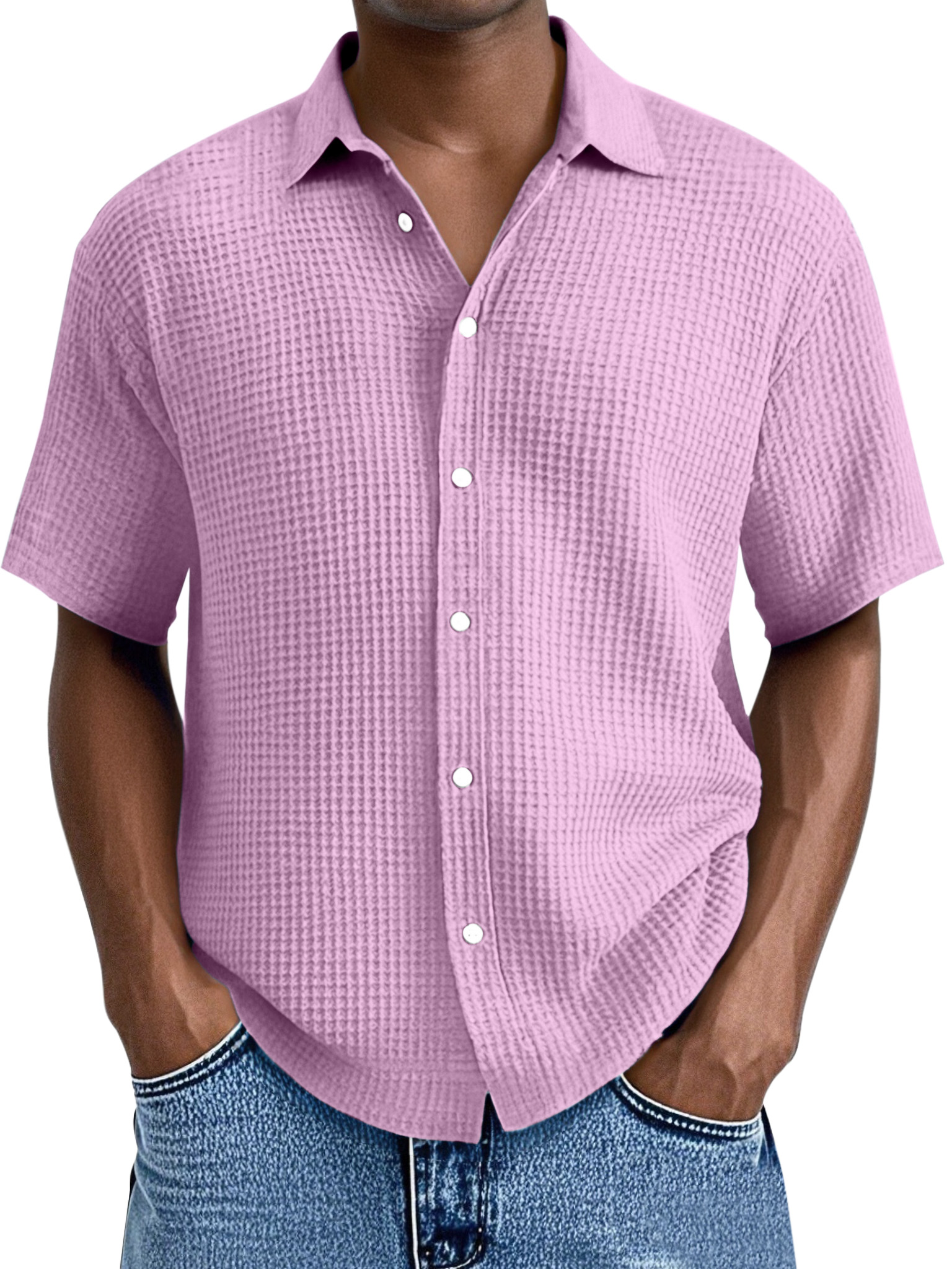 Men's Everyday Loose Waffle Textured Lapel Button-down Short Sleeve Shirt