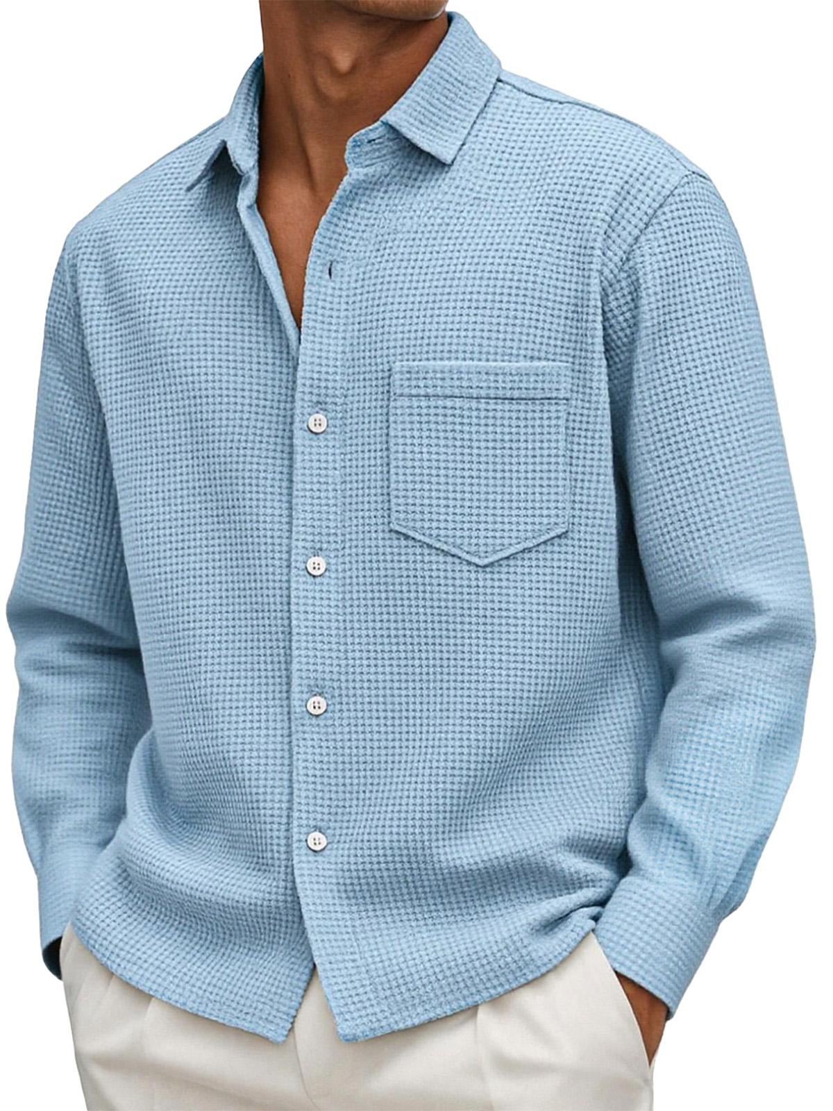 Men's Casual Solid Color Waffle Long Sleeve Shirt With Pockets
