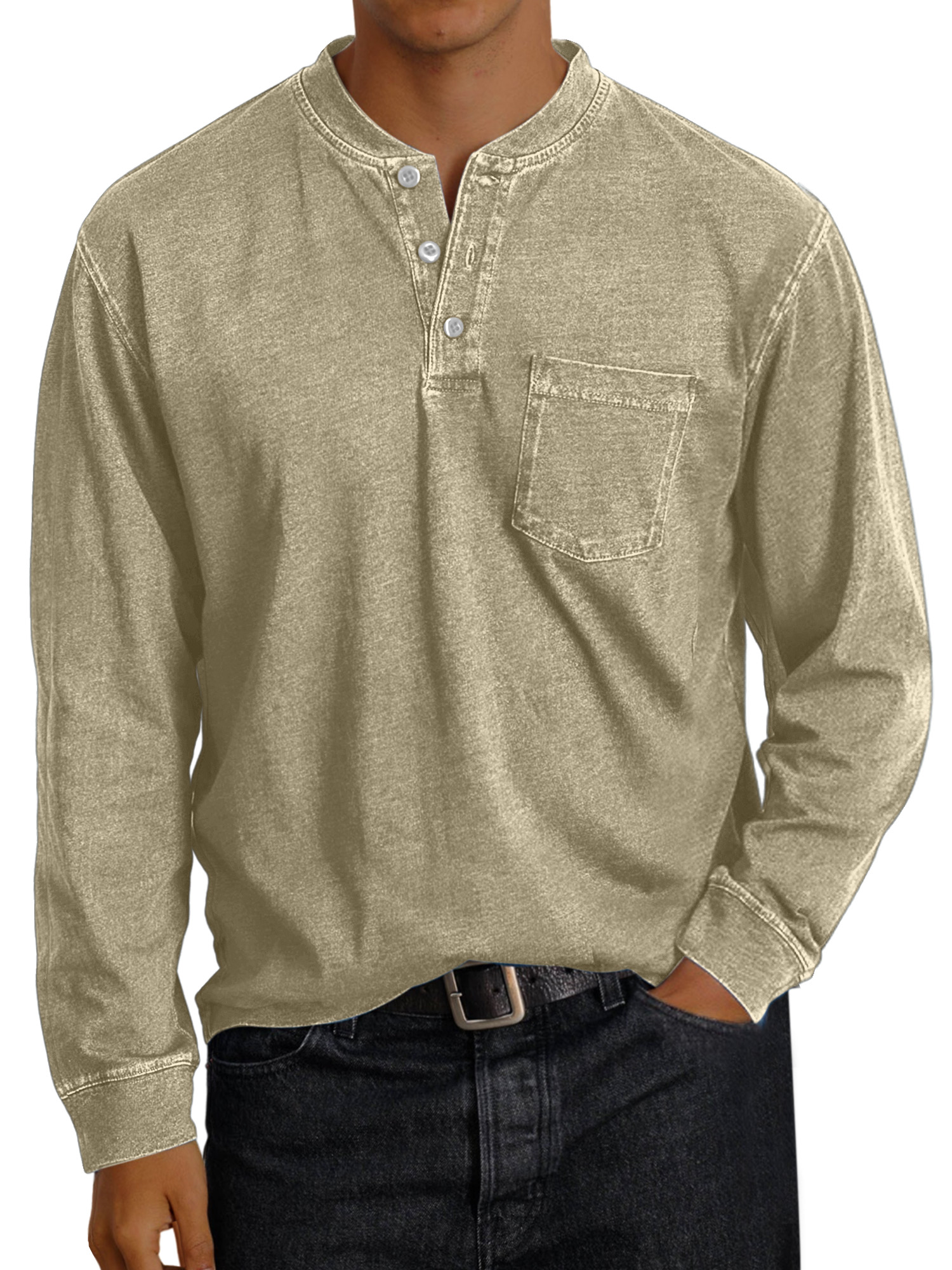 Men's Vintage Solid Color Pocket Button Henley Shirt