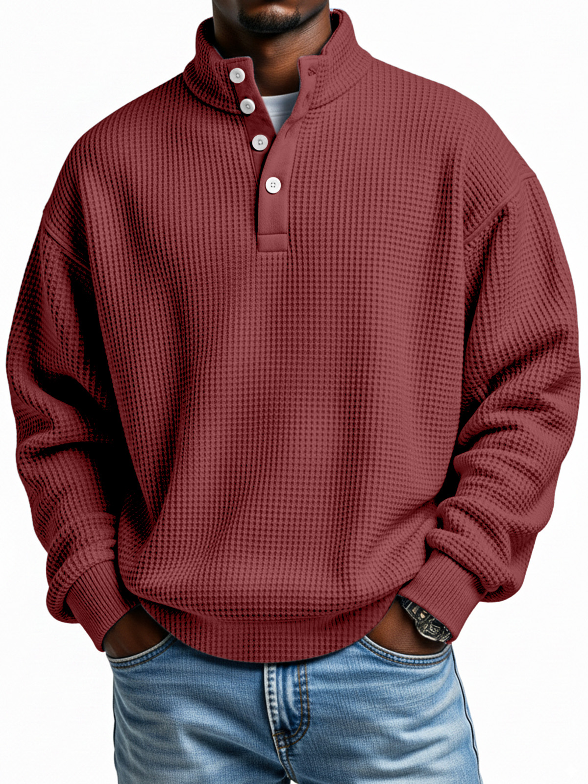 Daily simple casual solid color waffle texture four-button stand collar long sleeve sweatshirt