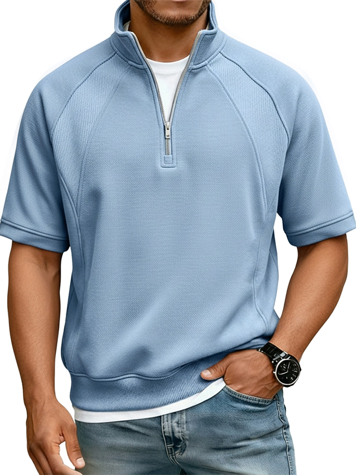 Men's Casual Deconstructed Design Stand Collar Zipper Short Sleeve T-Shirt