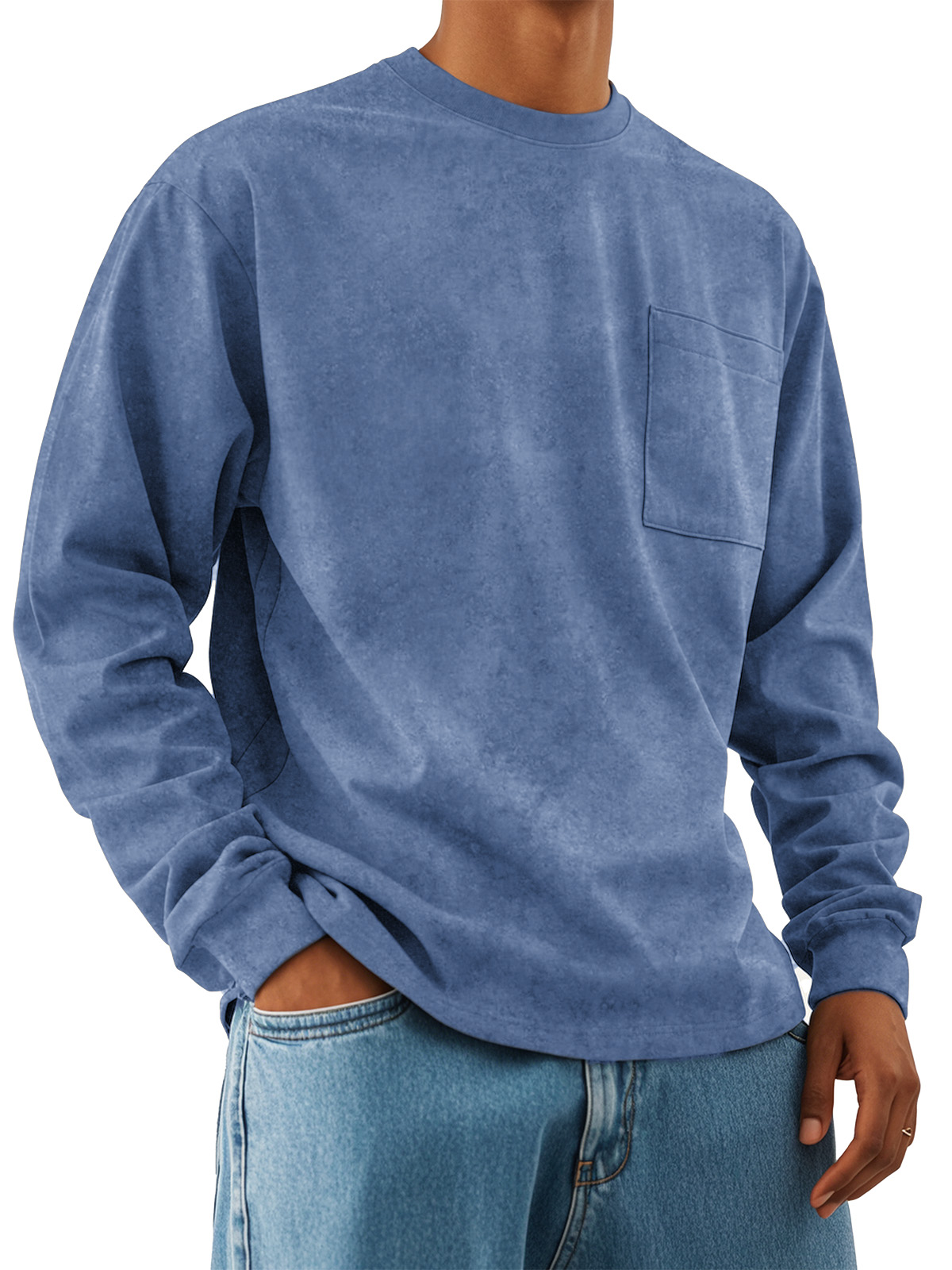 Men's Fashion Retro Casual Round Neck Pocket Long Sleeve T-shirt
