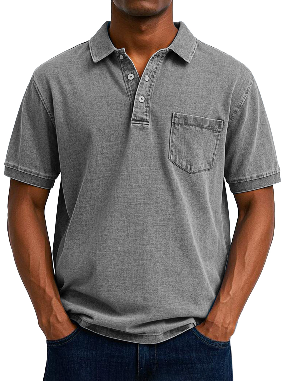 Men's Daily Solid Color Vintage Loose Short-sleeved Button-up Polo Shirt