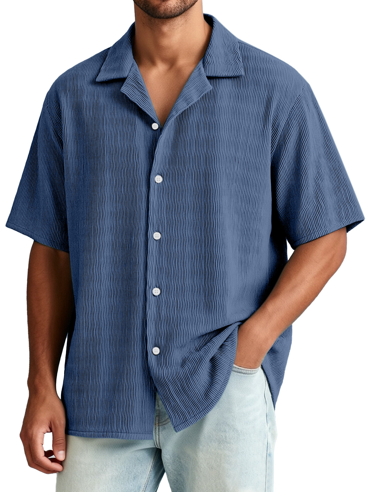 Men's Casual Vacation Breathable And Comfortable Vertical Striped Short-sleeved Shirt