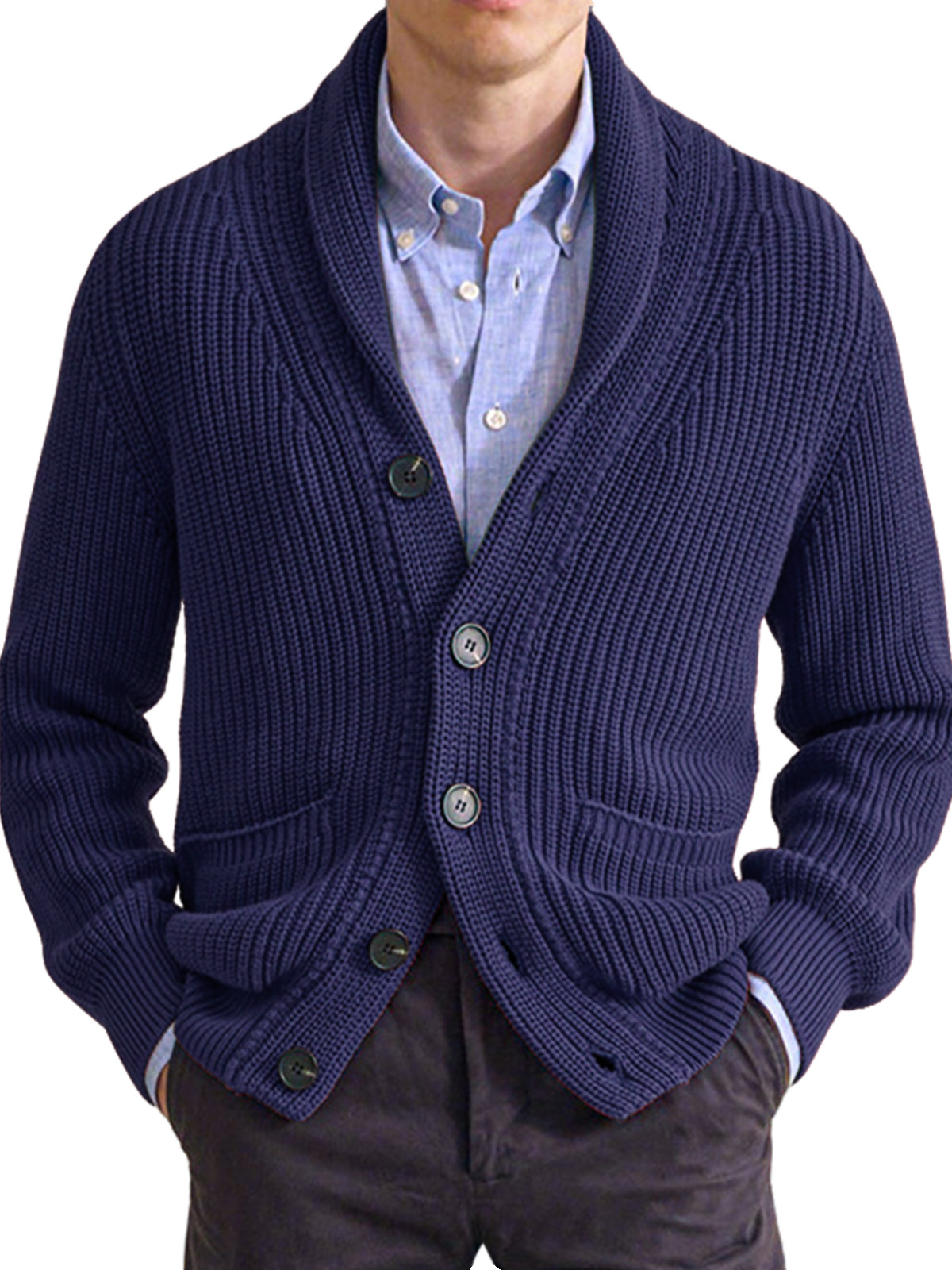Autumn And Winter Men's Sweater Solid Color Lapel High Collar Long Sleeve Knitted Cardigan Jacket