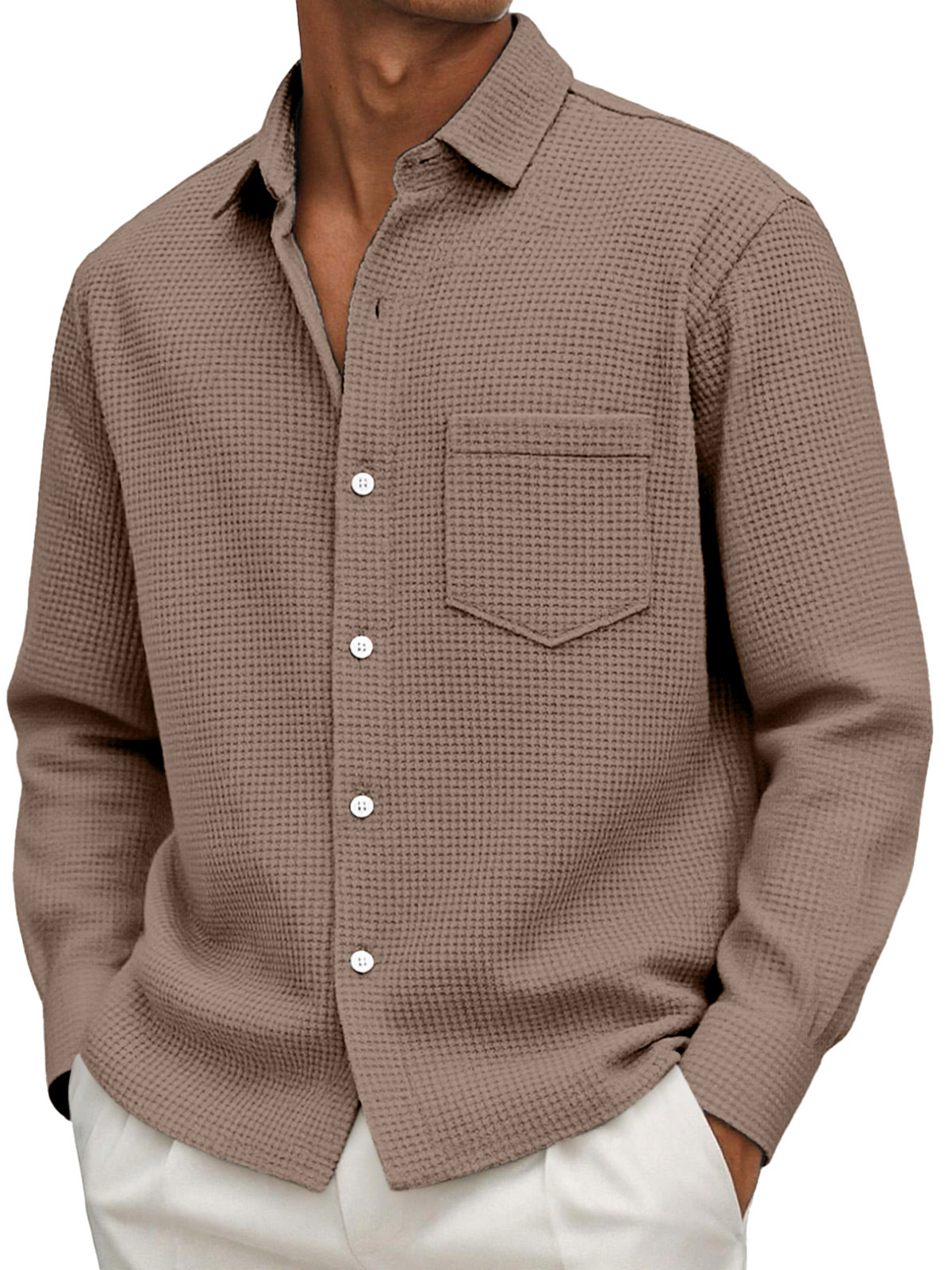 Men's Casual Solid Color Waffle Long Sleeve Shirt With Pockets