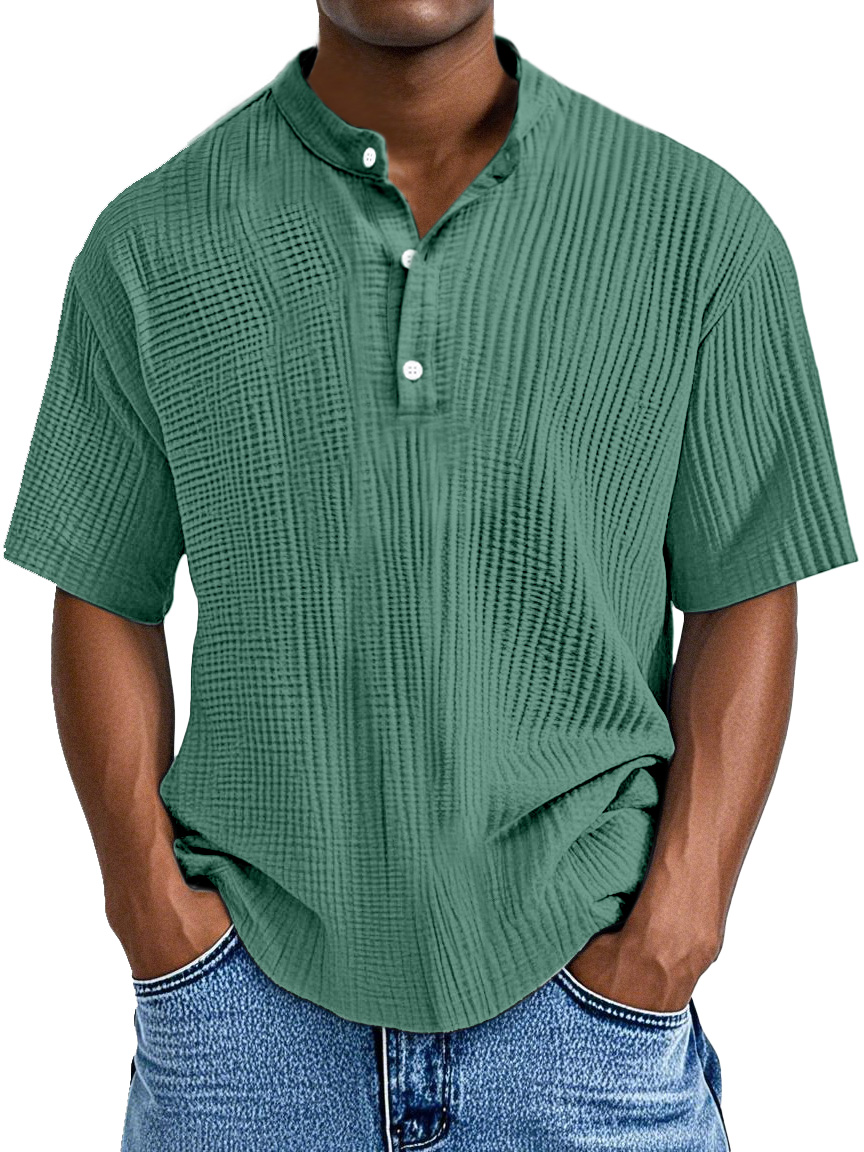 Men's Casual Solid Color Pleated Textured Short-sleeved Henley Shirt