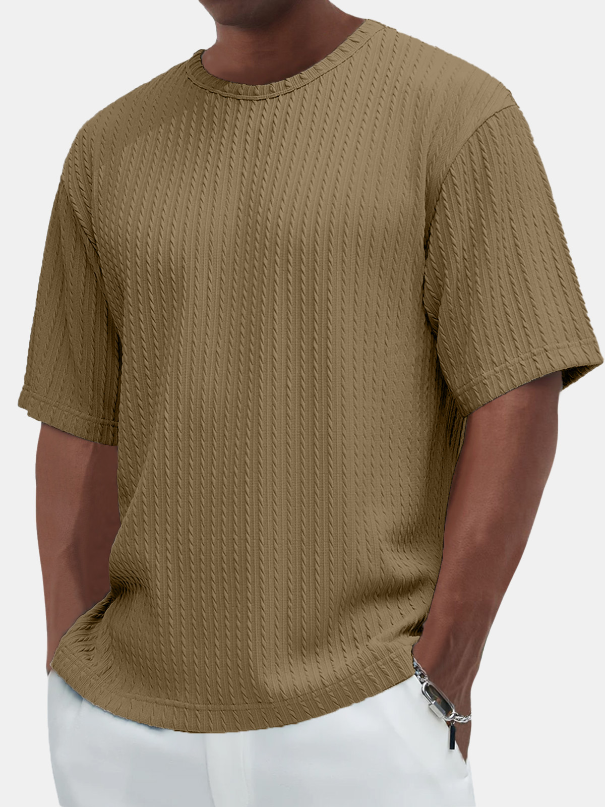 Men's Cotton Casual Basic Jacquard Texture Short-sleeved T-shirt