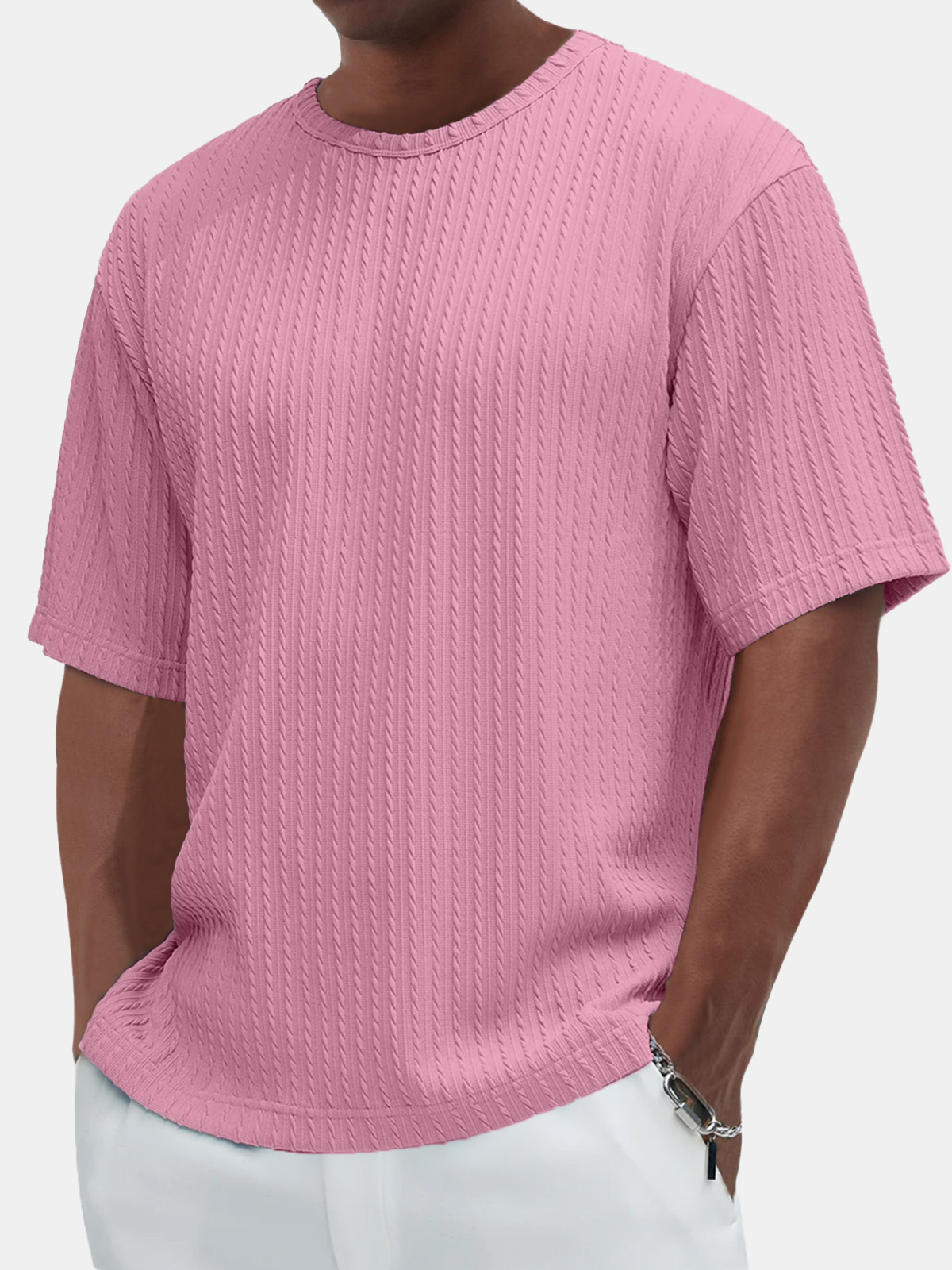 Men's Cotton Casual Basic Jacquard Texture Short-sleeved T-shirt