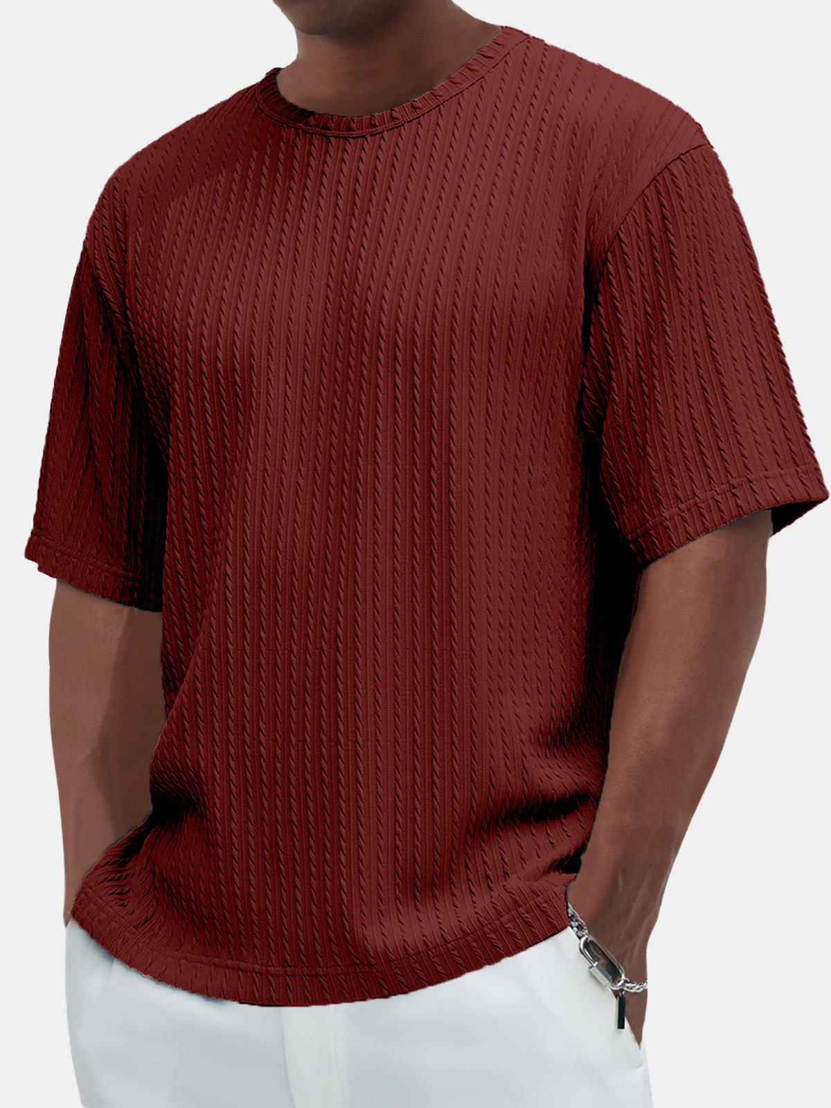 Men's Cotton Casual Basic Jacquard Texture Short-sleeved T-shirt